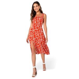 Lulus Floral Midi Dress L Red White Romantic Modern Bohemian Festival